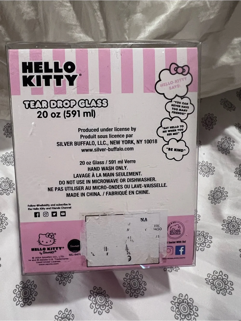 Hello Kitty Pink and White Tear Drop Glass in plastic box glittery pink bow
